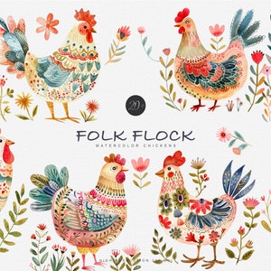 Ensemble de cliparts de poulet folklorique aquarelle - graphiques folklore - fleurs folkloriques colorées - clipart poulet - aquarelle faite main - clipart festif png