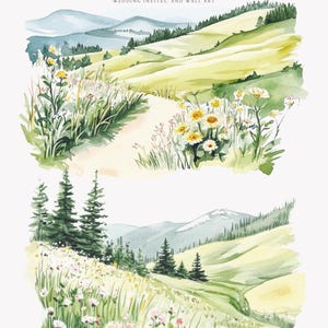 May include: Two watercolor illustrations of a mountain landscape with a winding path through a field of wildflowers. The top image features a path leading to a field of white daisies and pink flowers. The bottom image features a path leading to a field of white daisies and pink flowers with a mountain range in the background.