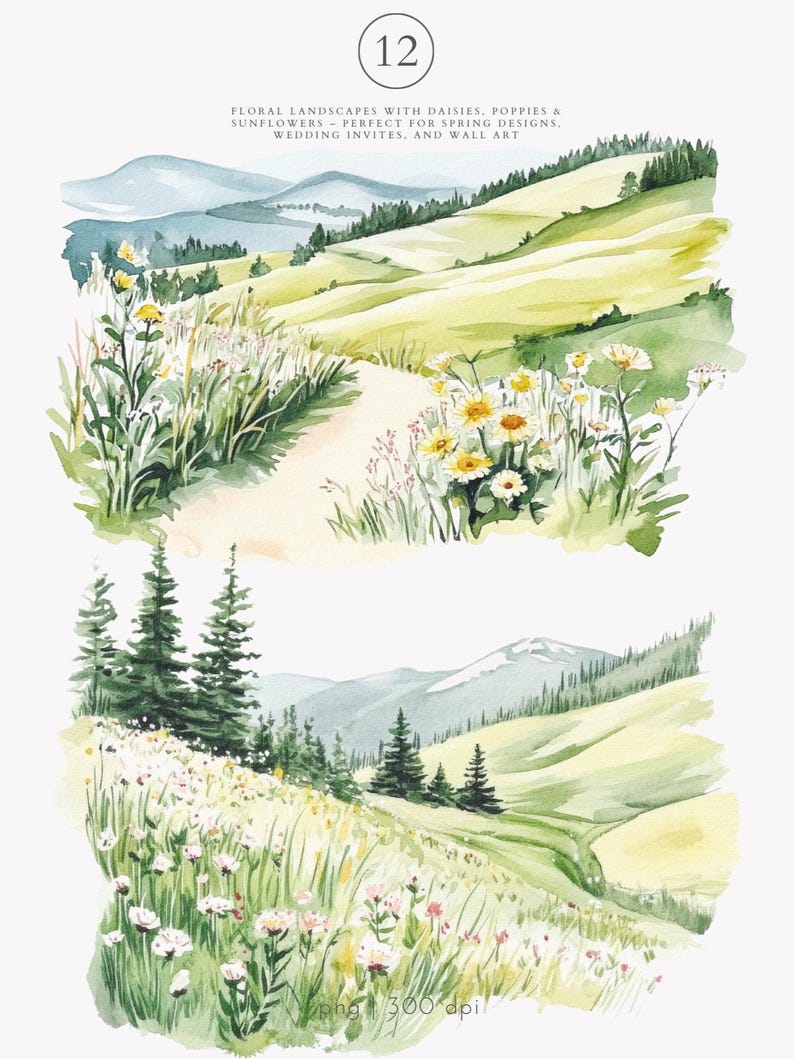 May include: Two watercolor illustrations of a mountain landscape with a winding path through a field of wildflowers. The top image features a path leading to a field of white daisies and pink flowers. The bottom image features a path leading to a field of white daisies and pink flowers with a mountain range in the background.