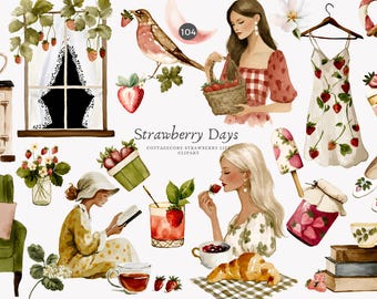 Clipart de acuarela de niña fresa, ilustraciones de pasteles, té, café y pasteles vintage, conjunto digital de decoración de panadería y cocina estilo cottagecore acogedor