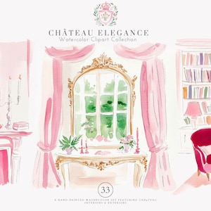 Schloss Clipart - Französische Illustration - Schloss Kunst - Vintage Dekor - Schloss Malerei - Rokoko Interieur - Aquarell Schloss - Katze png