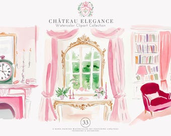 french chateau watercolor clipart png, vintage parisian interiors with windows curtains clocks and floral decor romantic cottagecore wedding