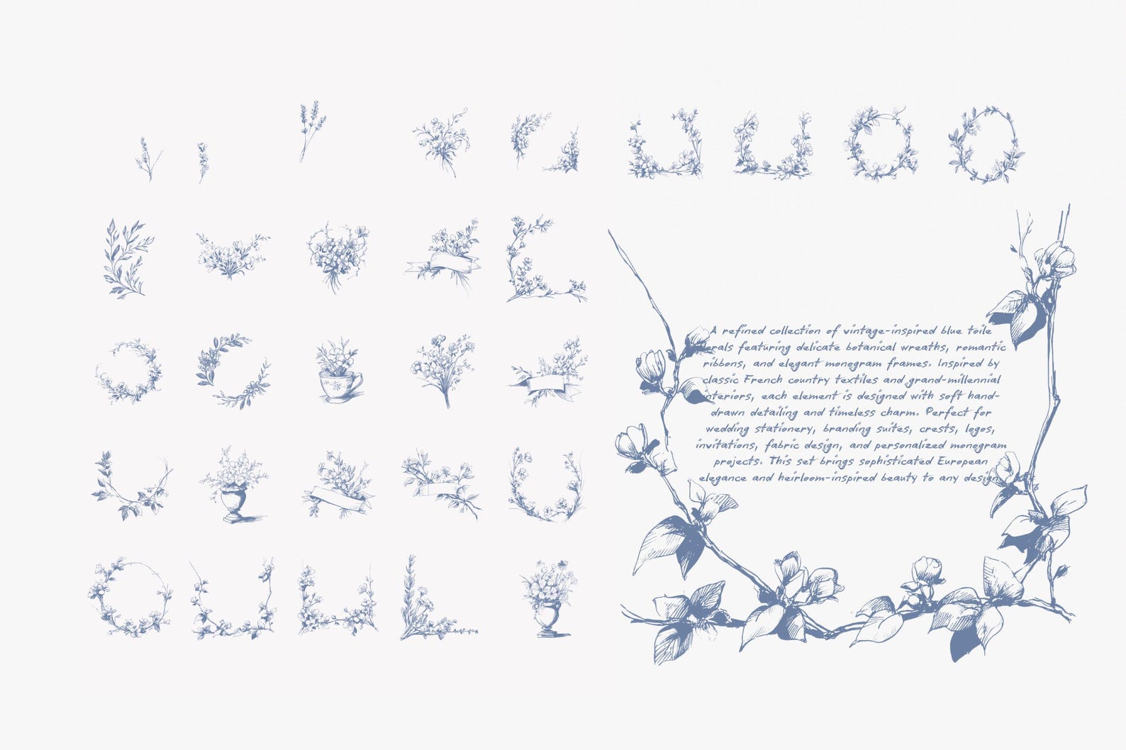 Country Monogram Blue Toile Floral Monogram Frames, French Country Botanical Clipart ...