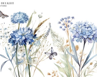 dusty blue floral clipart - watercolor floral bouquet clipart - watercolor wildflower floral clipart - blue premade clipart -meadow flowers