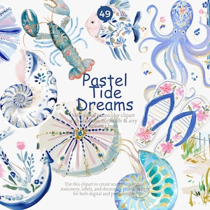 May include: Watercolor clipart featuring a coastal theme with seashells, ocean life, and summer hues. The image includes a lobster, fish, octopus, flip-flops, and other marine elements in shades of blue, pink, and white. Text reads "Pastel Tide Dreams."