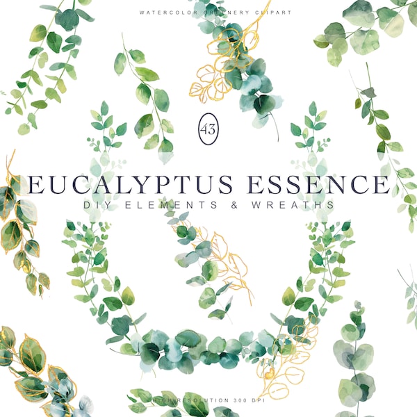 watercolor eucalyptus - golden leaf - greenery frame - green wreath - digital art - printable art - foliage - planner design - wedding sign