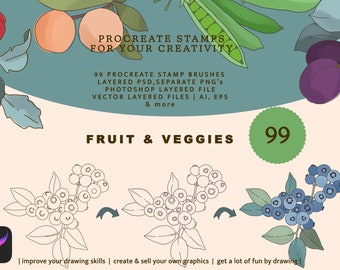 Pode incluir: Uma ilustração digital de 99 carimbos de frutas e vegetais para Procreate. A imagem mostra uma variedade de frutas e vegetais, incluindo mirtilos, ameixas, pêssegos e ervilhas. O texto "Procreate Stamps for Your Creativity" está no topo da imagem. O texto "Fruit & Veggies" está no centro da imagem. O número "99" está em um círculo verde à direita do texto. O texto "99 Procreate Stamp Brushes" está abaixo do título. O texto "Layered PSD, Separate PNG's" está abaixo do texto "99 Procreate Stamp Brushes". O texto "Photoshop Layered File" está abaixo do texto "Layered PSD, Separate PNG's". O texto "Vector Layered Files | AI, EPS & more" está abaixo do texto "Photoshop Layered File". O texto "Improve your drawing skills | Create & sell your own graphics | Get a lot of fun by drawing" está na parte inferior da imagem.