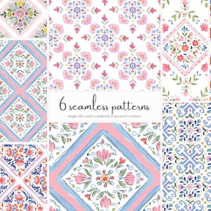 May include: A collection of six seamless patterns featuring floral designs in pink, blue, and orange. The patterns are arranged in a grid, with each tile showcasing a different watercolor-style floral motif. The text "6 seamless patterns" is displayed.