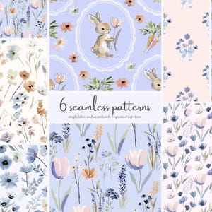 May include: Six seamless patterns featuring floral and bunny designs in soft pastel colors. The patterns include various flowers, bunnies holding flowers, and carrots. The text "6 seamless patterns" is displayed.