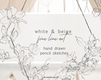 pencil sketched flowers clipart - fine line florals clipart - watercolor background - seamless patterns - floral doodles - sketched frame