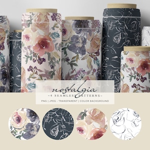 May include: Four seamless floral patterns in a digital download. The patterns feature watercolor flowers in shades of pink, purple, and brown, as well as black and white line drawings. The patterns are labeled "nostalgia - 4 seamless patterns - PNG | JPEG - transparent | color background".