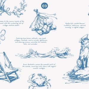 May include: A set of blue and white nautical illustrations featuring a crab, an octopus, a fox wearing a captain's hat, a seashell net, a beach chair, and waves. The illustrations are perfect for adding a coastal touch to invitations, stationery, wall art, branding, or digital collages.
