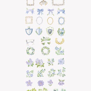 May include: A collection of watercolor clipart elements in shades of blue, purple, and gold. The set includes frames, crowns, bows, ribbons, shields, wreaths, floral arrangements, and grapes. Text at the bottom reads "Romantic Watercolor Clipart Inspired by Countryside Charm and Vintage."