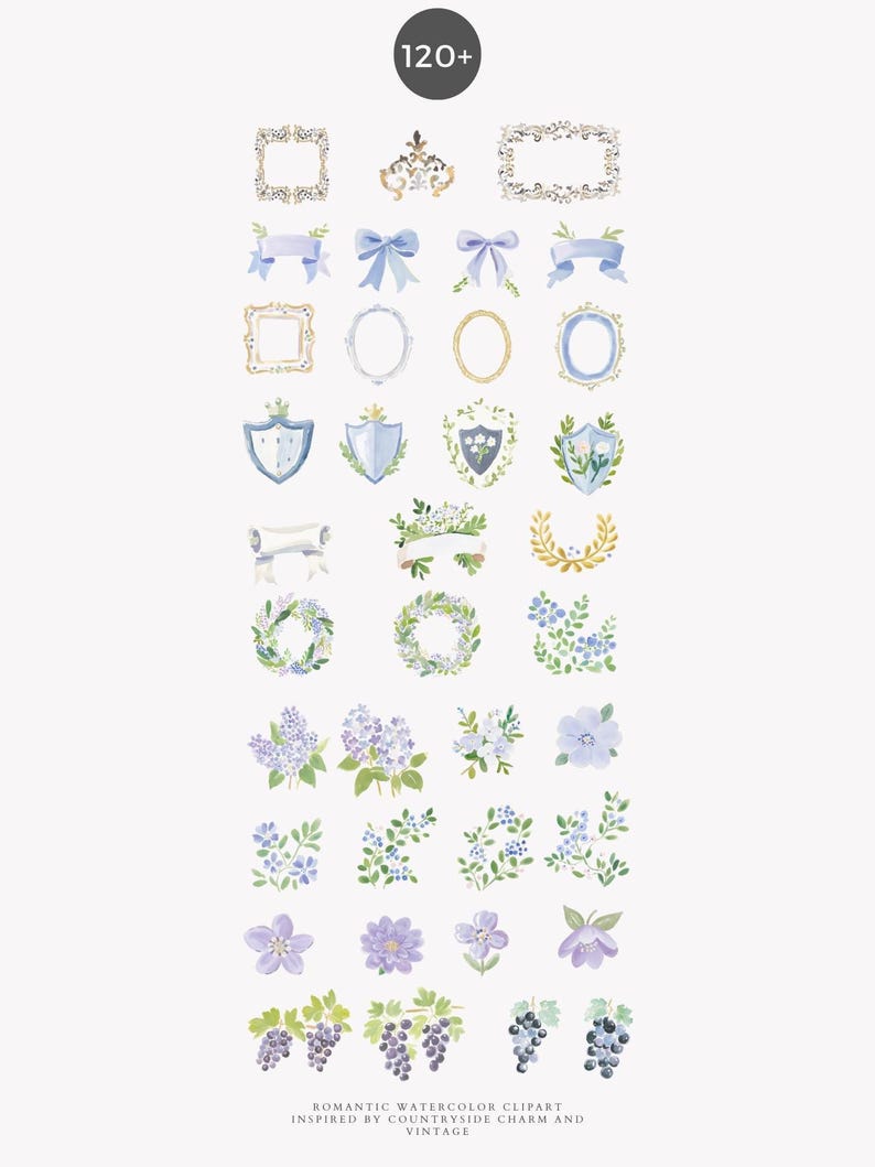 May include: A collection of watercolor clipart elements in shades of blue, purple, and gold. The set includes frames, crowns, bows, ribbons, shields, wreaths, floral arrangements, and grapes. Text at the bottom reads "Romantic Watercolor Clipart Inspired by Countryside Charm and Vintage."