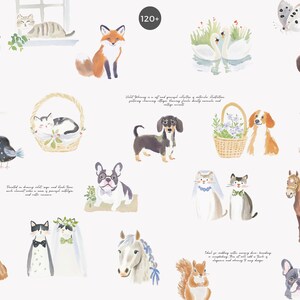 May include: Watercolor illustrations of various animals, including a horse, fox, dogs, cats, birds, and a squirrel. The artwork features soft colors and delicate details, creating a whimsical and charming aesthetic. The image includes the text "120+".