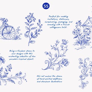 May include: Blue and white hand-drawn illustrations of a bicycle, a small house, and floral designs. The text "Bring a timeless charm to your designs with this enchanting collection of blue porcelain-inspired clipart." and "Perfect for wedding invitations, stationery, scrapbooking, packaging, and branding with a French cottagecore twist." is included in the image.