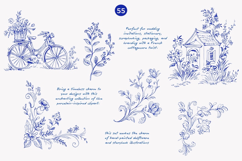 May include: Blue and white hand-drawn illustrations of a bicycle, a small house, and floral designs. The text "Bring a timeless charm to your designs with this enchanting collection of blue porcelain-inspired clipart." and "Perfect for wedding invitations, stationery, scrapbooking, packaging, and branding with a French cottagecore twist." is included in the image.