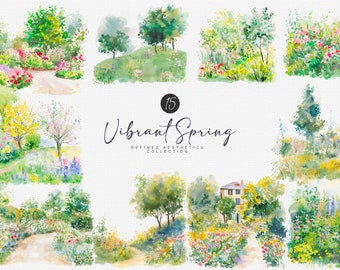 watercolor spring clipart - spring sceneries - spring foliage - spring field - spring window - vibrant watercolor - spring country clipart
