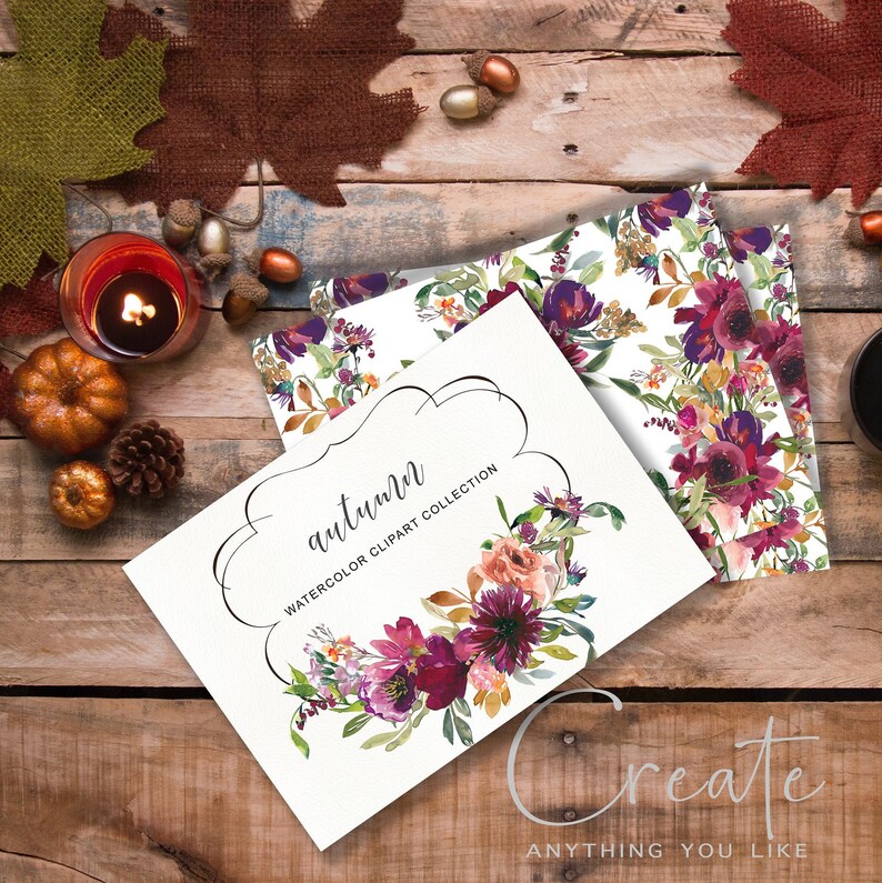 May include: A white card with the text "autumn watercolor clipart collection" and a watercolor illustration of a floral bouquet in shades of burgundy, pink, orange, and green.