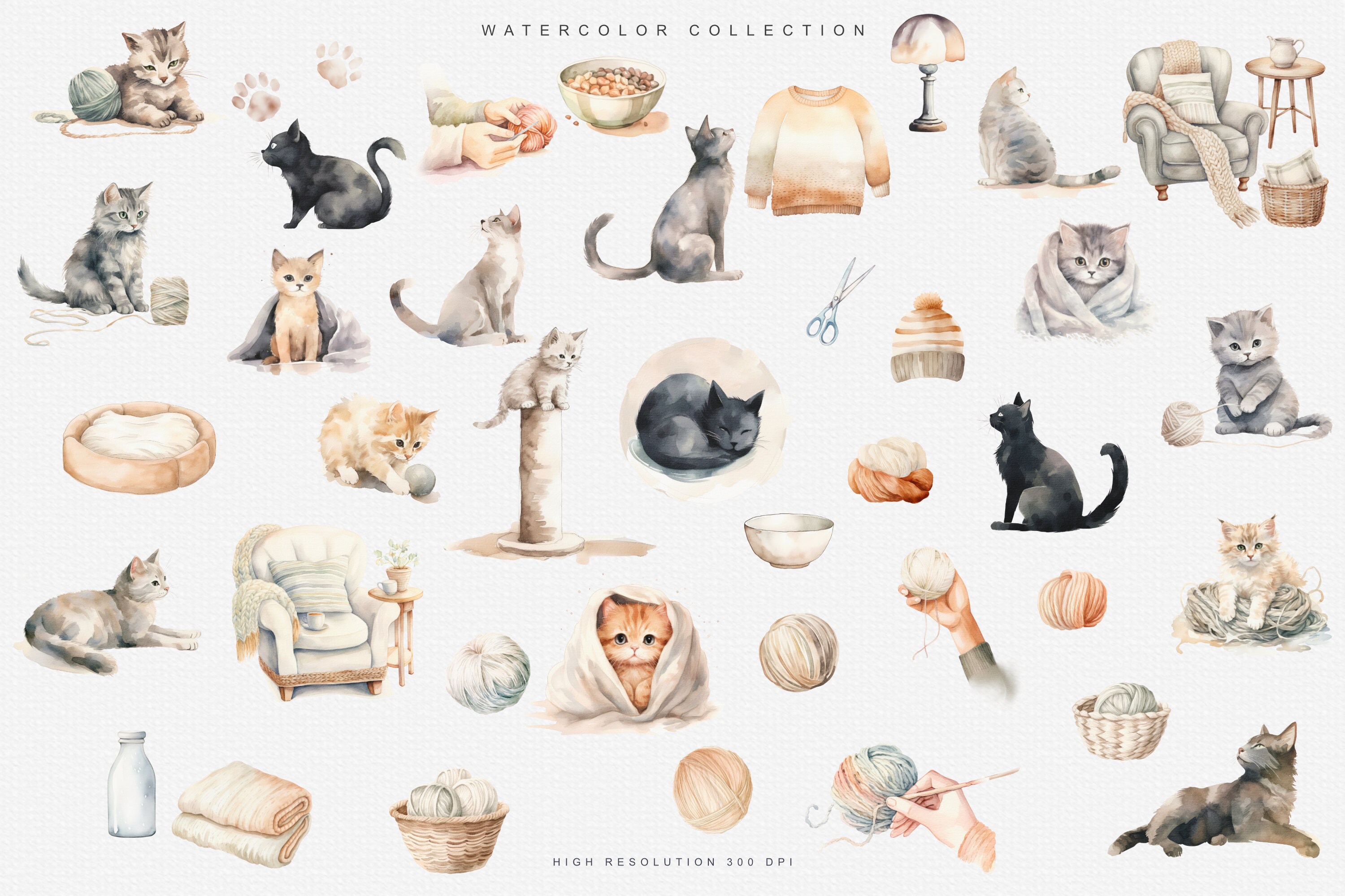 Watercolor Cat Knitting Clipart Png, Cozy Cats With Yarn and Playful ...