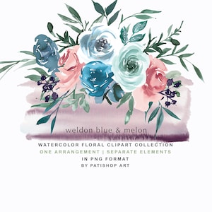 aquarel blauw en meloen bloemen clipart - aquarel boeket clipart - pastel pioen roos clipart - bruiloft decor - premade clipart png