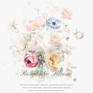 May include: A watercolor painting of a bouquet of flowers in shades of pink, white, and blue. The flowers are arranged in a loose, romantic style, and the painting has a soft, dreamy feel.
