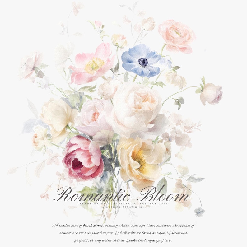 May include: A watercolor painting of a bouquet of flowers in shades of pink, white, and blue. The flowers are arranged in a loose, romantic style, and the painting has a soft, dreamy feel.