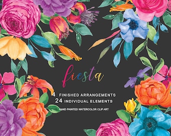 fiesta floral watercolor clipart png, colorful flower bouquet bundle, mexican fiesta flowers, bright summer png, digital download, preppy