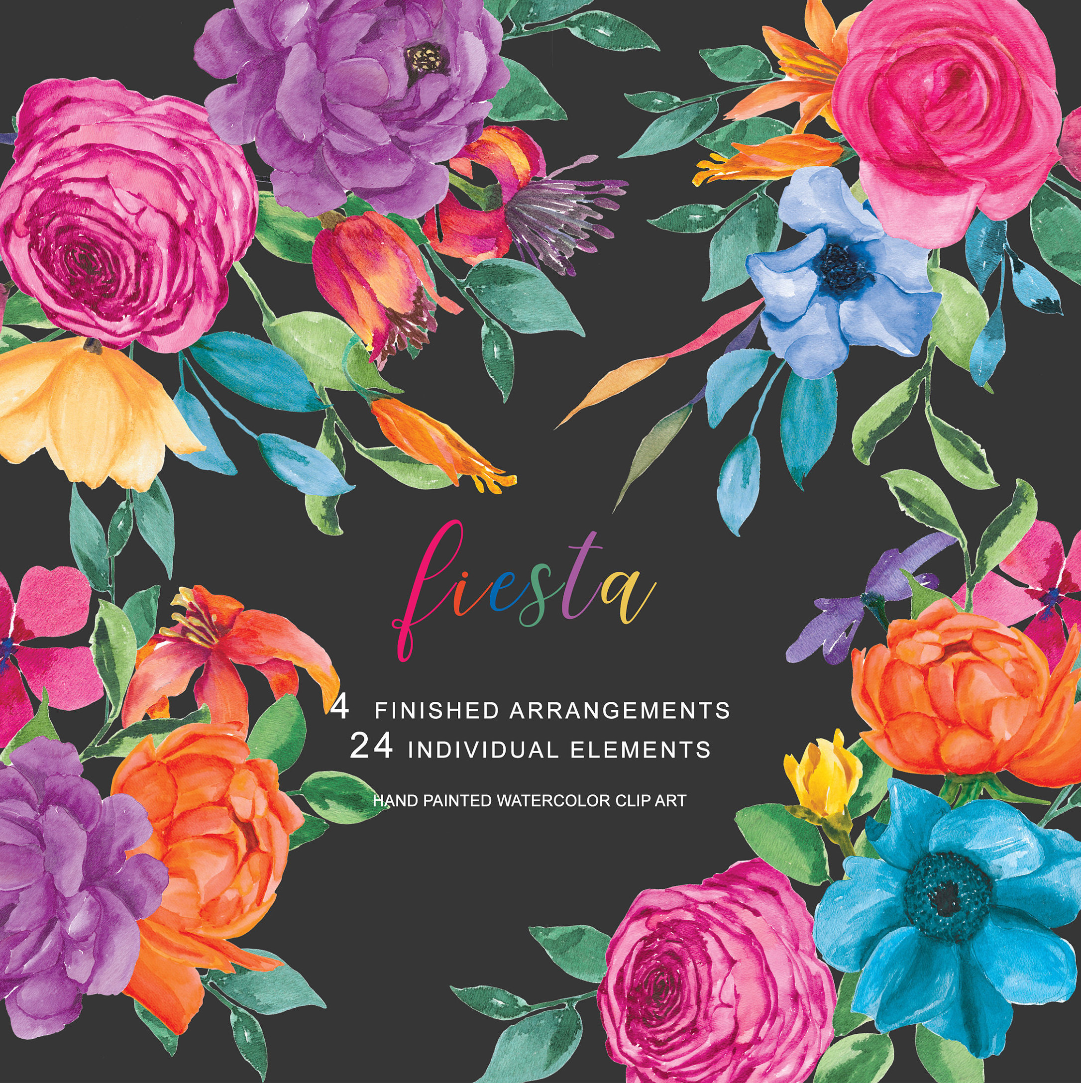 Fiesta* Colorful Fiesta Floral Clipart Hand Painted Watercolor Flower…