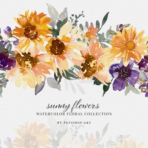 May include: Watercolor floral arrangement featuring sunflowers, purple flowers, and green leaves. The text "sunny flowers" and "watercolor floral collection" are displayed. The artwork is by Patishop Art.