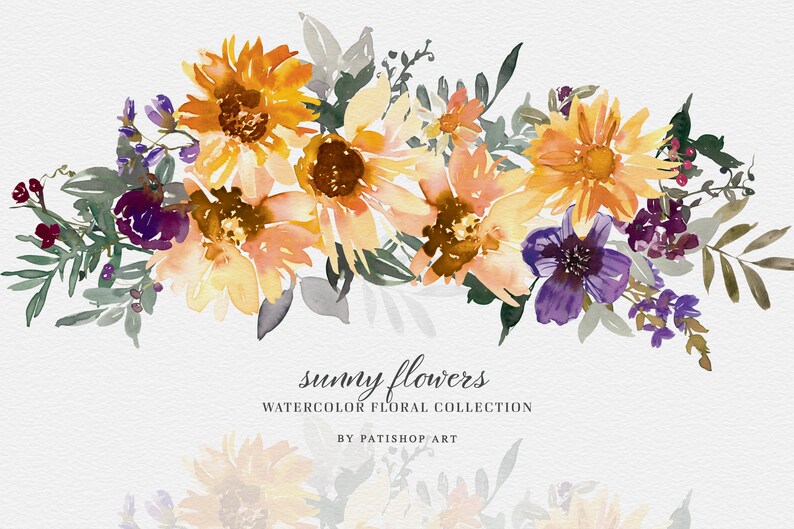 May include: Watercolor floral arrangement featuring sunflowers, purple flowers, and green leaves. The text "sunny flowers" and "watercolor floral collection" are displayed. The artwork is by Patishop Art.