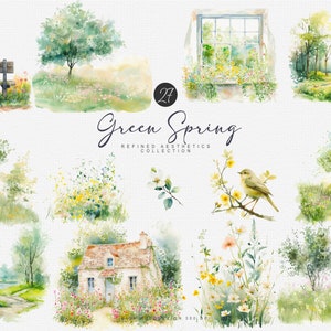 Könnte beinhalten: Eine Sammlung von Aquarell-Illustrationen mit Frühlingsmotiven, darunter ein kleines Häuschen, ein Fenster mit Blumen, ein Vogel auf einem Ast, eine Bank und verschiedene Bäume und Blumen. Die Illustrationen sind Teil eines Sets namens "Green Spring Refined Aesthetics Collection 27".