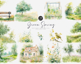 watercolor spring clipart - spring sceneries - spring foliage - spring field - spring window - watercolor bird - spring country clipart png