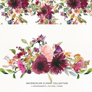 May include: Watercolor clipart collection featuring four arrangements of burgundy, pink, and green flowers. The flowers are arranged in a frame-like pattern, with the text "WATERCOLOR CLIPART COLLECTION 4 ARRANGEMENTS | PATTERN | FRAME" at the bottom.