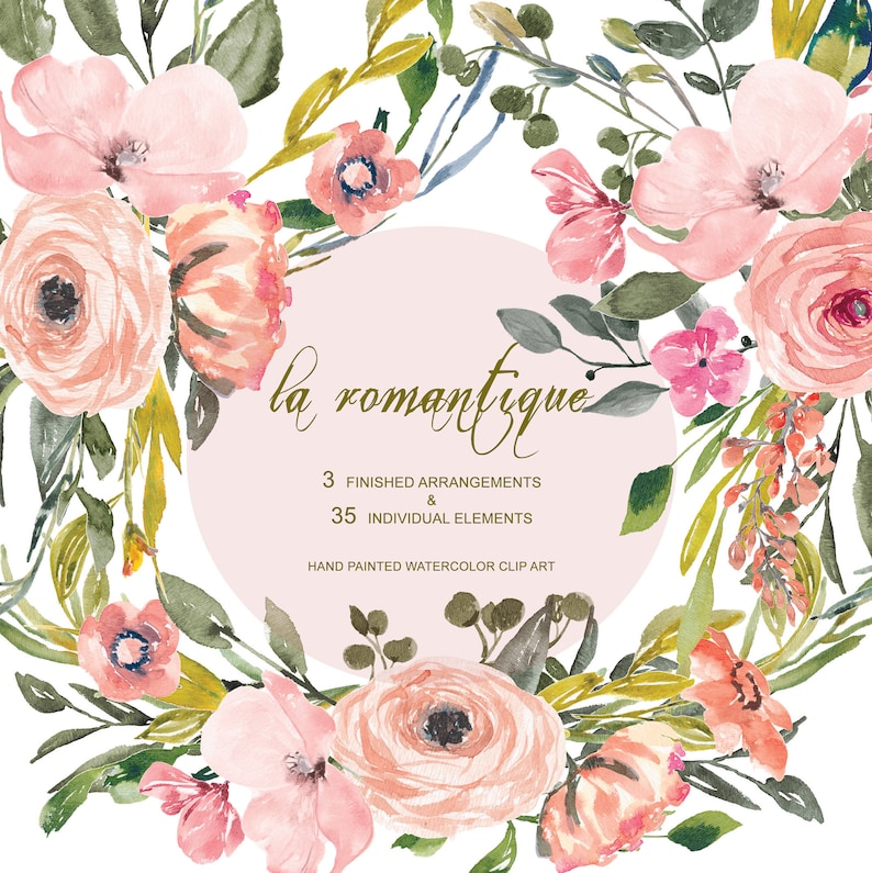 La Romantique* Blush Flowers Clipart Watercolor Romantic Florals Elements Hand Painted Wedding Decor #S66