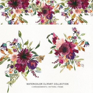 May include: Watercolor clipart collection featuring four arrangements of burgundy, pink, and purple flowers with green leaves and gold accents. The text "WATERCOLOR CLIPART COLLECTION 4 ARRANGEMENTS | PATTERN | FRAME" is at the bottom of the image.