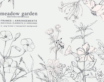minimalist botanical line art clipart png, elegant floral sketch illustrations with wreaths and frames, modern wedding stationery design set