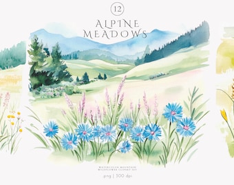 landscape clipart - watercolor meadow - floral landscape - wedding background - mountain flowers - nature painting - field flowers png