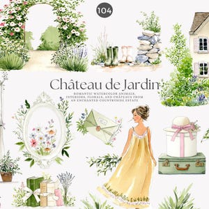 Aquarell Clipart – png Illustration – Cottagecore Grafik – Schlossdekor – romantische Elemente – Garten Illustration – Vintage Kunst – Blumen