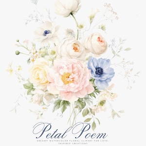 Peut inclure: Un bouquet floral &agrave; l'aquarelle avec des tons rose tendre, blanc cr&egrave;me et bleu. Il comprend des pivoines, des roses et des an&eacute;mones. Le texte "Petal Poem" d&eacute;crit le bouquet comme parfait pour les cr&eacute;ations de mariage et la Saint-Valentin.