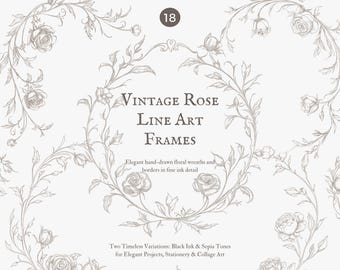 Może przedstawiać: Cyfrowa ilustracja z ramkami w stylu vintage z różami. Projekt zawiera eleganckie, ręcznie rysowane wieńce i obramowania kwiatowe z drobnymi detalami tuszem. Tekst brzmi "Vintage Rose Line Art Frames". Dostępne są dwie ponadczasowe wariacje: czarny tusz i sepii.
