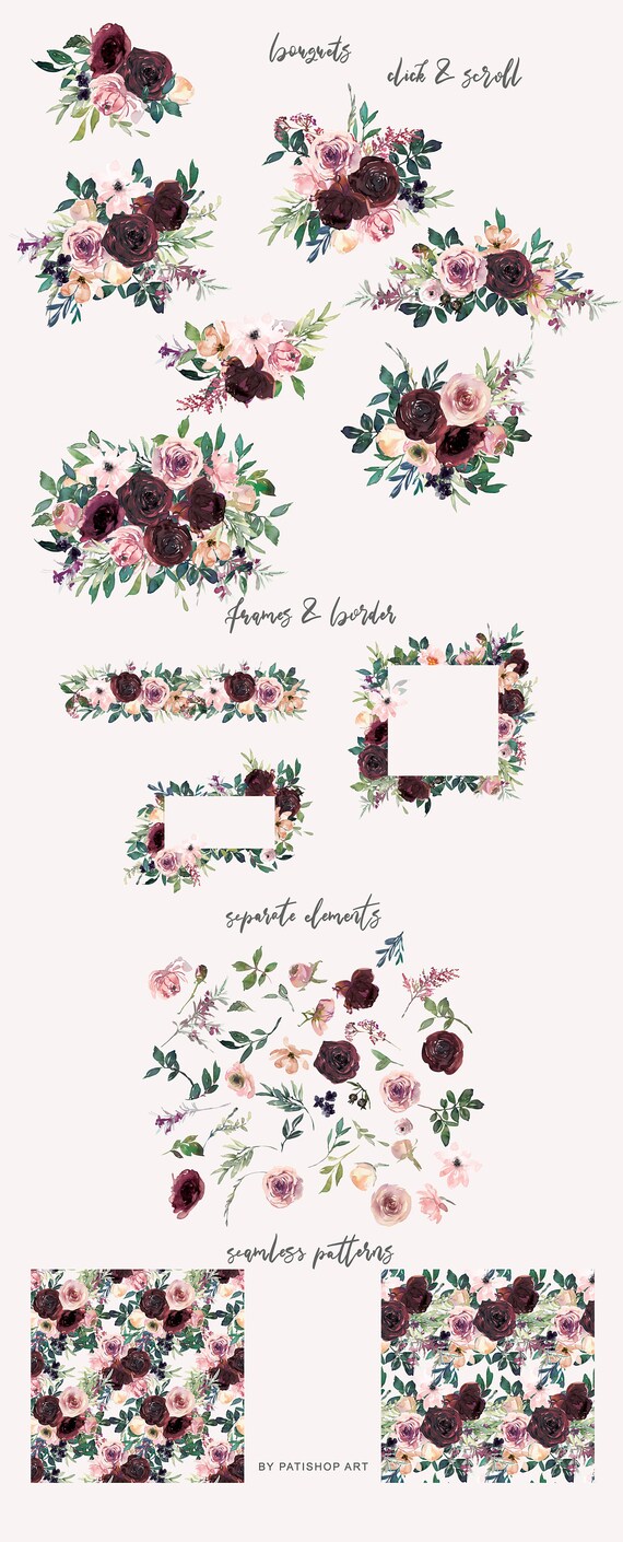 Watercolor Burgundy Flowers Clipart - Pink Floral Bouquet Clipart