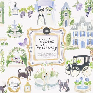 May include: Watercolor illustrations featuring a romantic, vintage theme. The image includes a variety of elements such as a house, carriage, animals, and the text "Violet Whimsy". The color palette includes shades of blue, green, and purple.