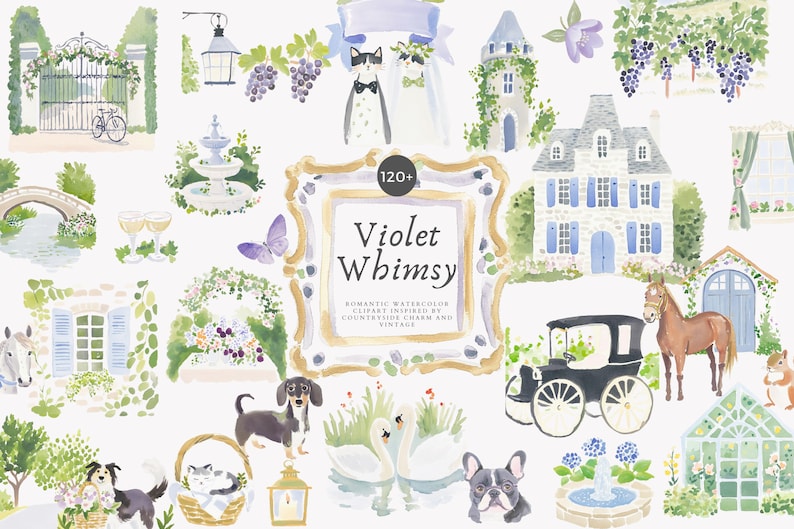 May include: Watercolor illustrations featuring a romantic, vintage theme. The image includes a variety of elements such as a house, carriage, animals, and the text "Violet Whimsy". The color palette includes shades of blue, green, and purple.