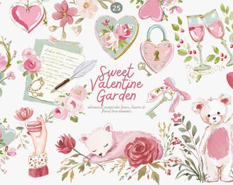 May include: Watercolor illustration with Valentine's Day theme. Features hearts, flowers, a teddy bear, a sleeping bear, keys, a lock, and champagne glasses. The text "Sweet Valentine Garden" is also present.