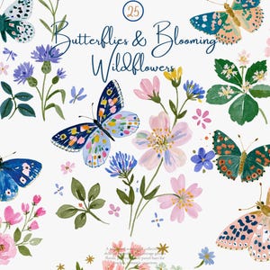 watercolor butterfly wildflower clipart, cottage garden floral illustrations, botanical png bundle, pastel spring flowers, commercial use