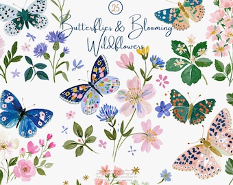 watercolor butterfly wildflower clipart, cottage garden floral illustrations, botanical png bundle, pastel spring flowers, commercial use