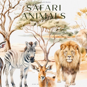 aquarel safari dieren clipart - aquarel clipart - safari clipart - stickers clipart - scrapbooking clipart - zebra leeuw gazelle png