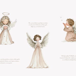 May include: Watercolor illustrations of angels in soft pastel colors. The angels have wings, halos, and are dressed in flowing gowns. One angel holds a heart, another blows kisses, and the third has hands clasped in prayer.
