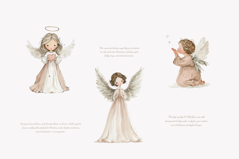May include: Watercolor illustrations of angels in soft pastel colors. The angels have wings, halos, and are dressed in flowing gowns. One angel holds a heart, another blows kisses, and the third has hands clasped in prayer.